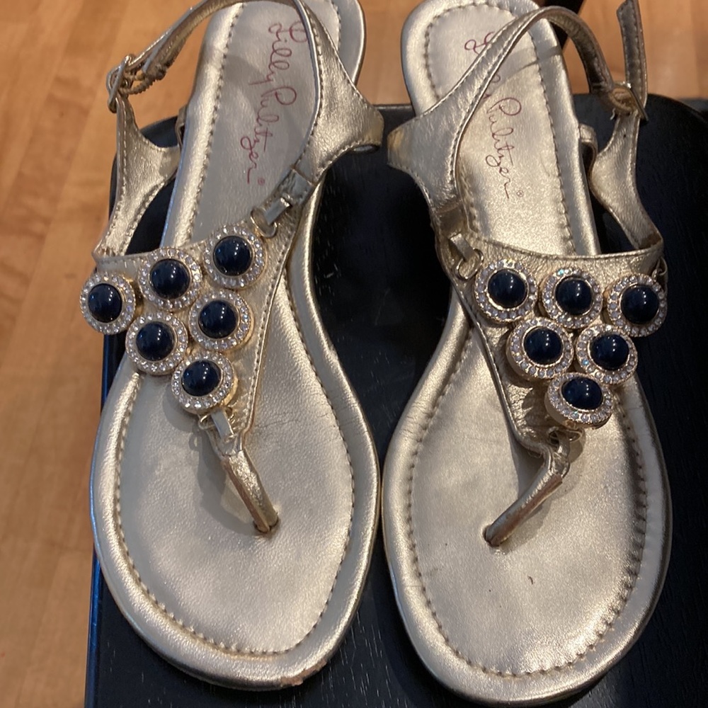 Sparkly gold Lilly Pulitzer sandals with lapis beads encrusted with diamonds